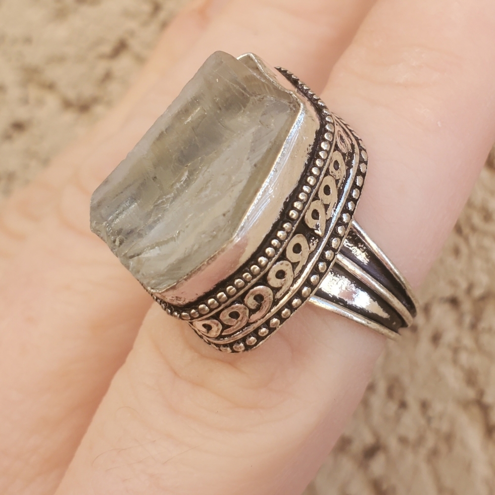 New Natural Raw White Topaz 925 Silver Ring.